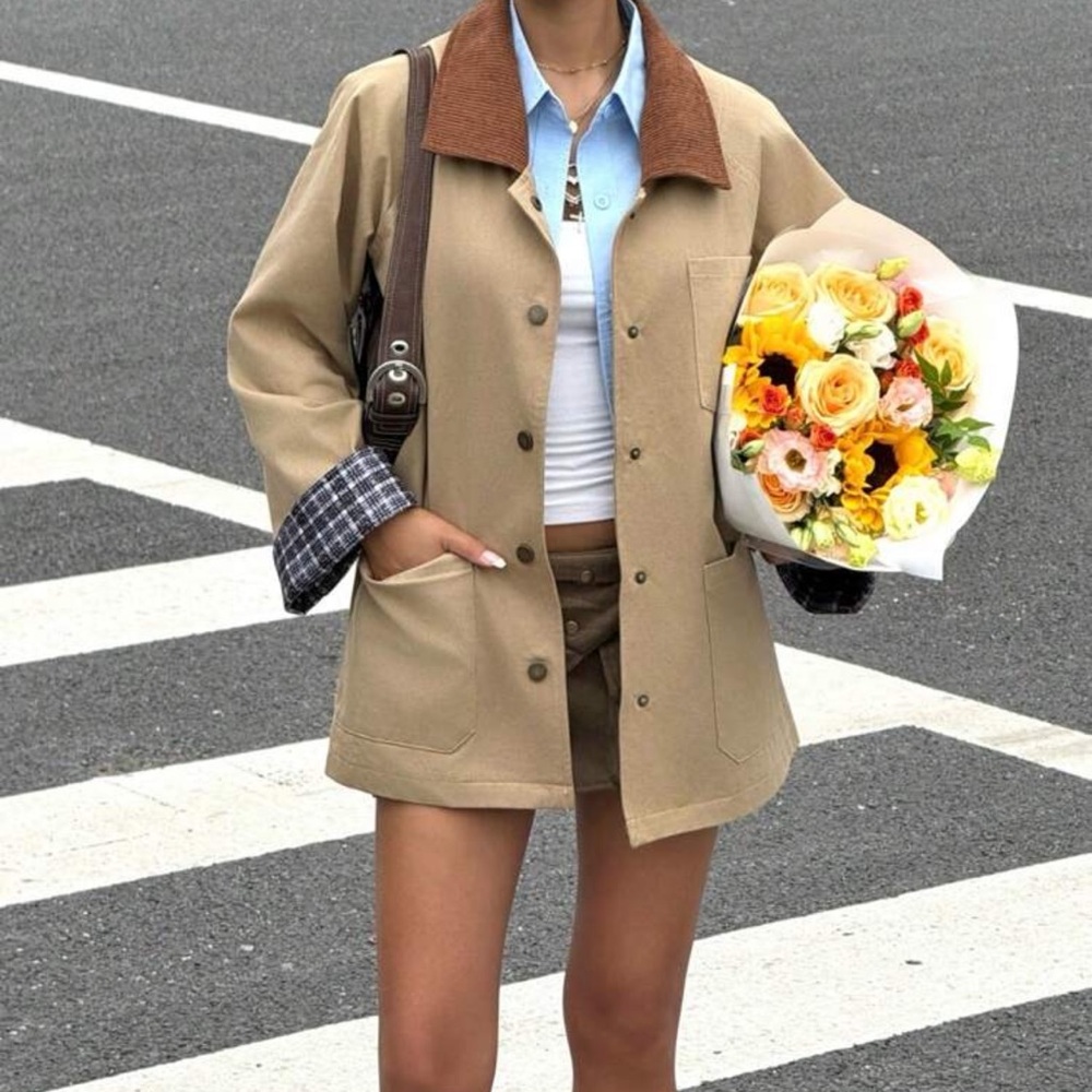 Tan Women's Jacket with Brown Collar